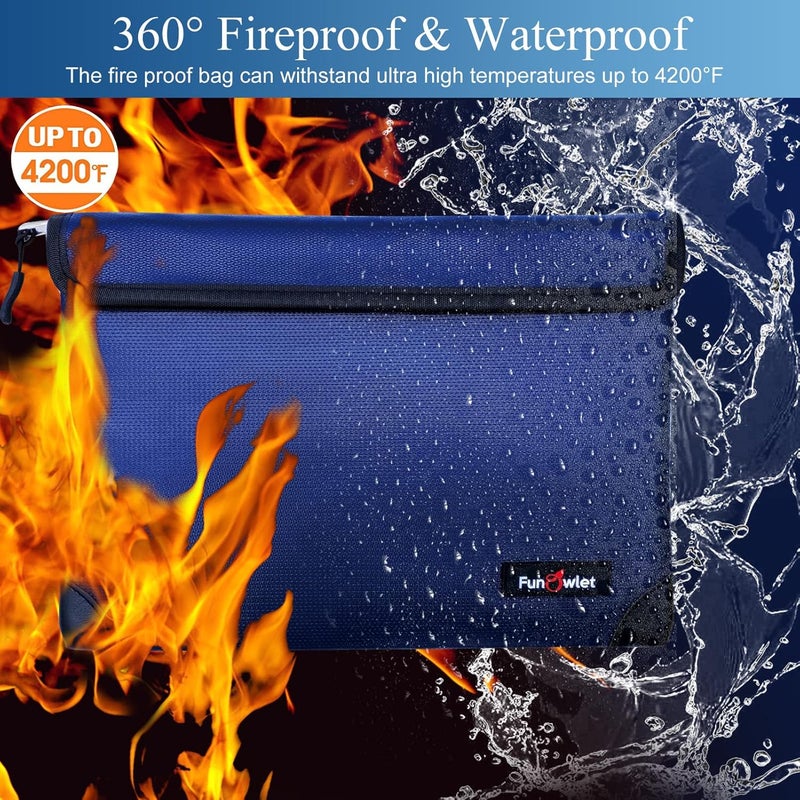 FunOwlet Store Fireproof Waterproof Money Document Bag - with 4200°F Heat Insulated, Safe Fireproof Storage Pouch with Zipper, Upgraded 8 Layers of Functional Materials for Documents,Valuables (11"x7.7", Blue) - Image 2
